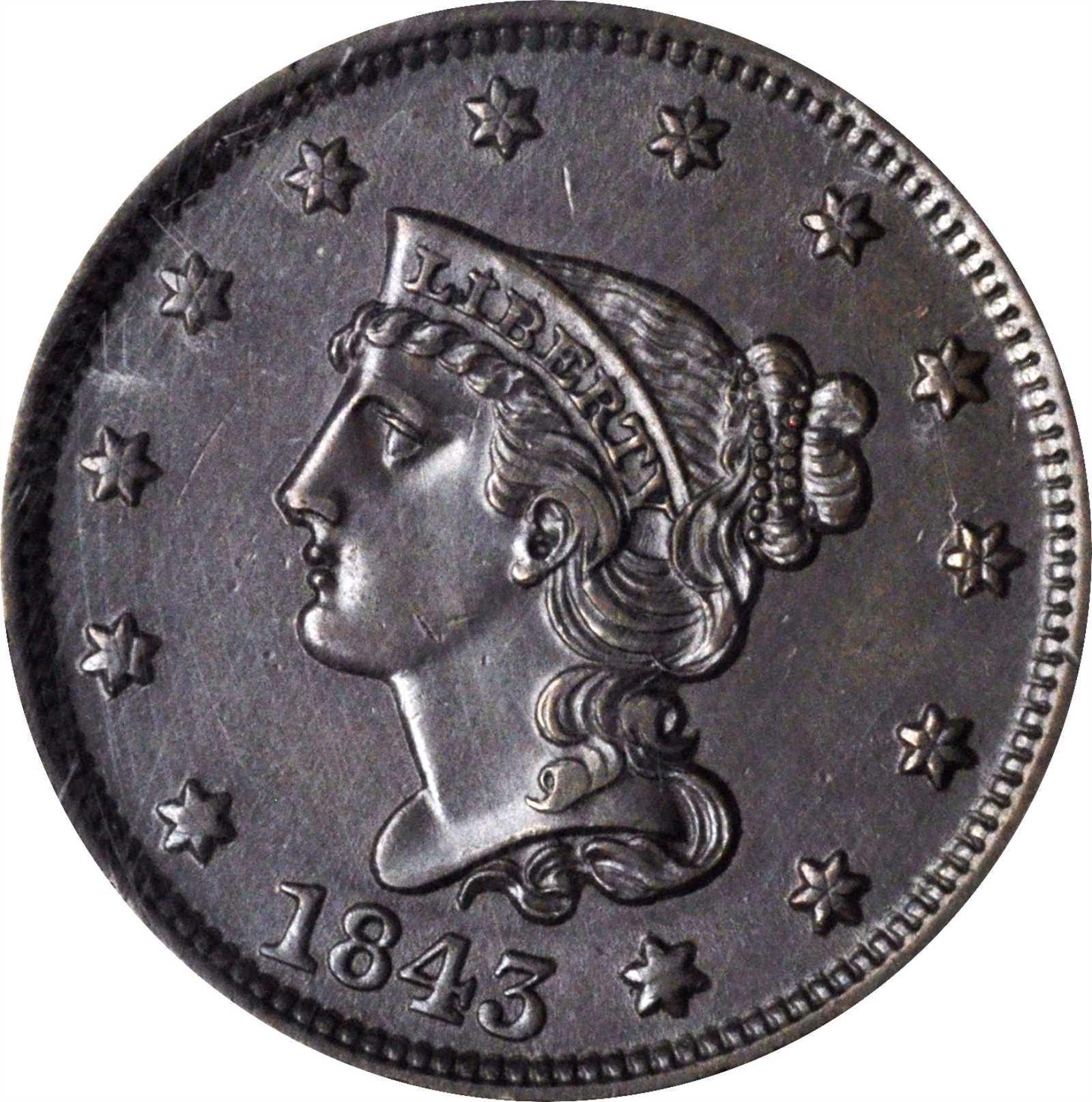 image for: 1843 Braided Hair Cent. N-4, 13. Rarity-1. Petite Head, Large Letters. AU-58 (PCGS).