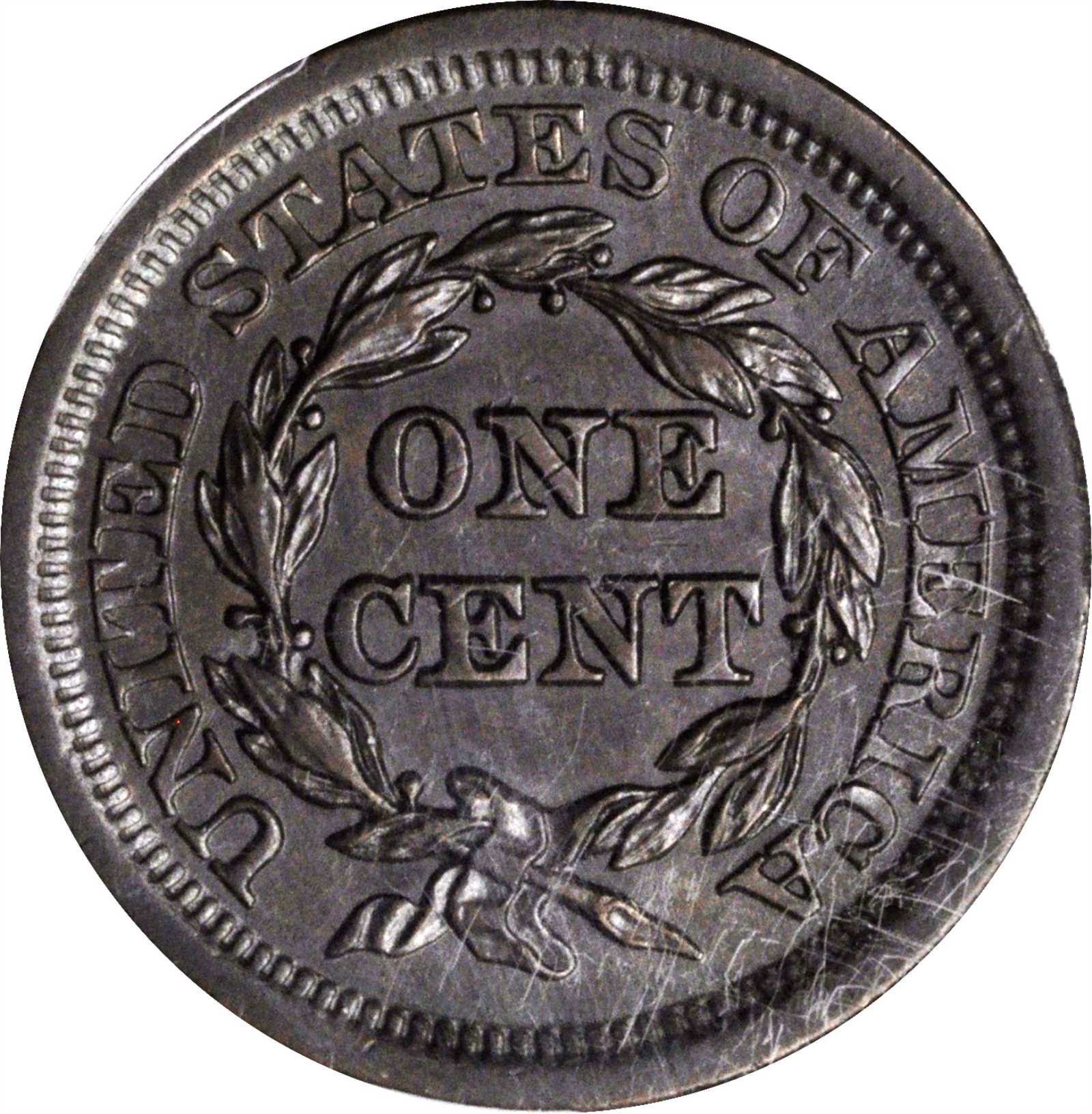 image for: 1843 Braided Hair Cent. N-4, 13. Rarity-1. Petite Head, Large Letters. AU-58 (PCGS).