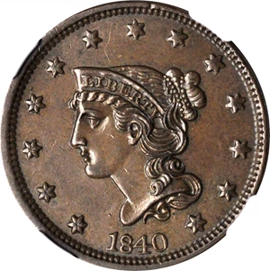 image for: 1840 Braided Hair Cent. N-5. Rarity-1. MS-63 BN (NGC).