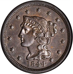 image for: 1844 Braided Hair Cent. N-1. Rarity-1. MS-63 BN (NGC).