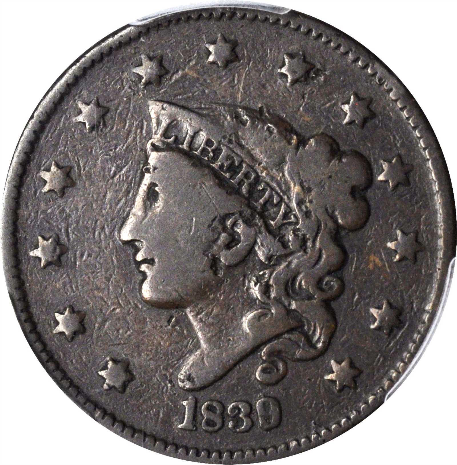 image for: 1839/6 Modified Matron Head Cent. N-1. Rarity-3. Plain Hair Cords. VG-8 BN (PCGS). CAC.