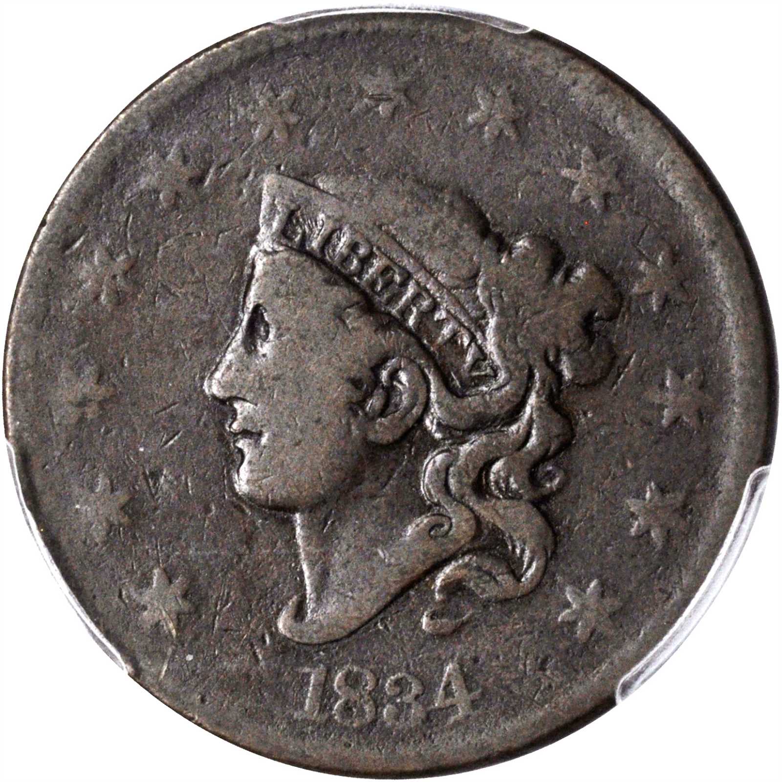 image for: 1834 Matron Head Cent. N-5. Rarity-4+. Large 8, Large Stars, Medium Letters. VG-8 (PCGS).