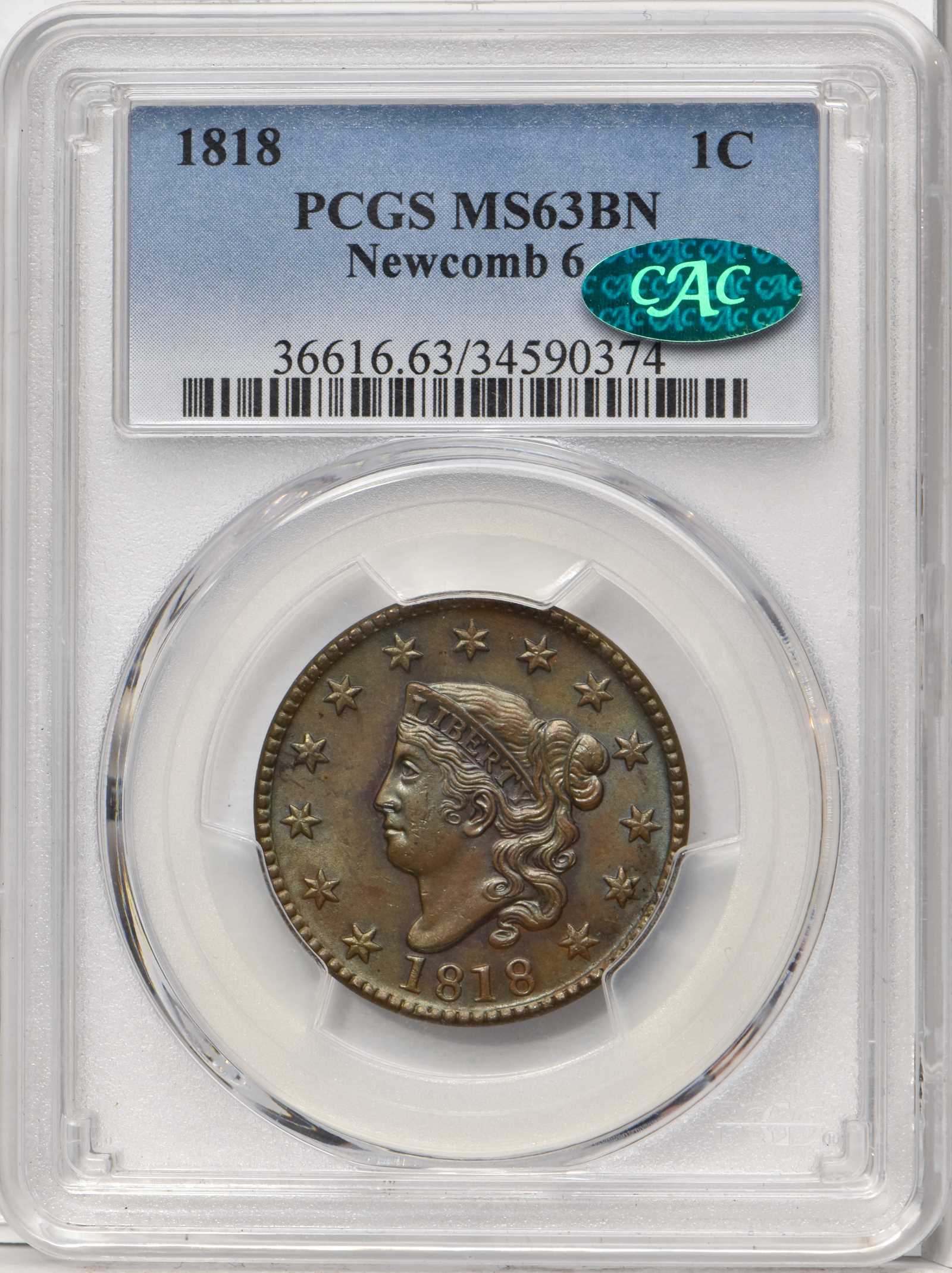 image for: 1818 Matron Head Cent. N-6. Rarity-1. MS-63 BN (PCGS). CAC.