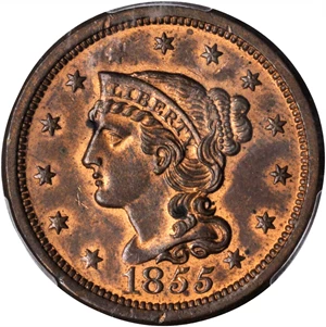 image for: 1855 Braided Hair Cent. N-10. Rarity-1. Slanted 55. MS-63 RB (PCGS).