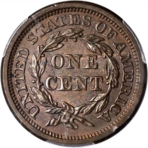 image for: 1855 Braided Hair Cent. N-10. Rarity-1. Slanted 55. MS-63 RB (PCGS).