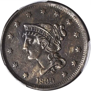 image for: 1839 Braided Hair Cent. N-8. Rarity-1. Head of 1840. EF-40 (PCGS).