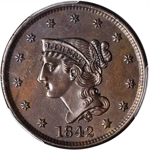image for: 1842 Braided Hair Cent. N-3. Rarity-3. Large Date. MS-62 (PCGS).
