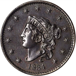 image for: 1834 Matron Head Cent. N-3. Rarity-1. MS-62 BN (ANACS).