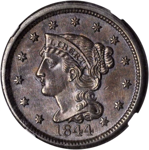 image for: 1844 Braided Hair Cent. N-1. Rarity-1. MS-63 BN (NGC).