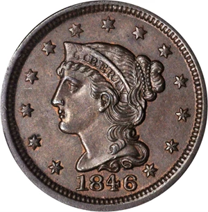 image for: 1846 Braided Hair Cent. N-7. Rarity-2. Small Date. MS-64 BN (PCGS).