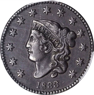 image for: 1833 Matron Head Cent. N-3. Rarity-1. AU-50 (PCGS).