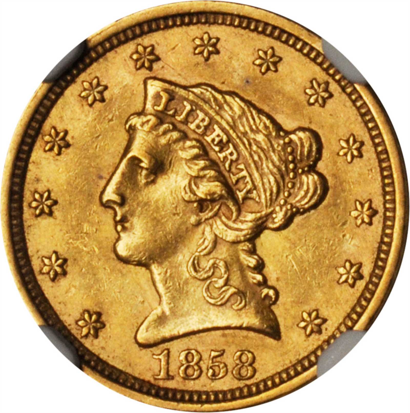image for: 1858 Liberty Head Quarter Eagle. AU-58 (NGC). CAC.