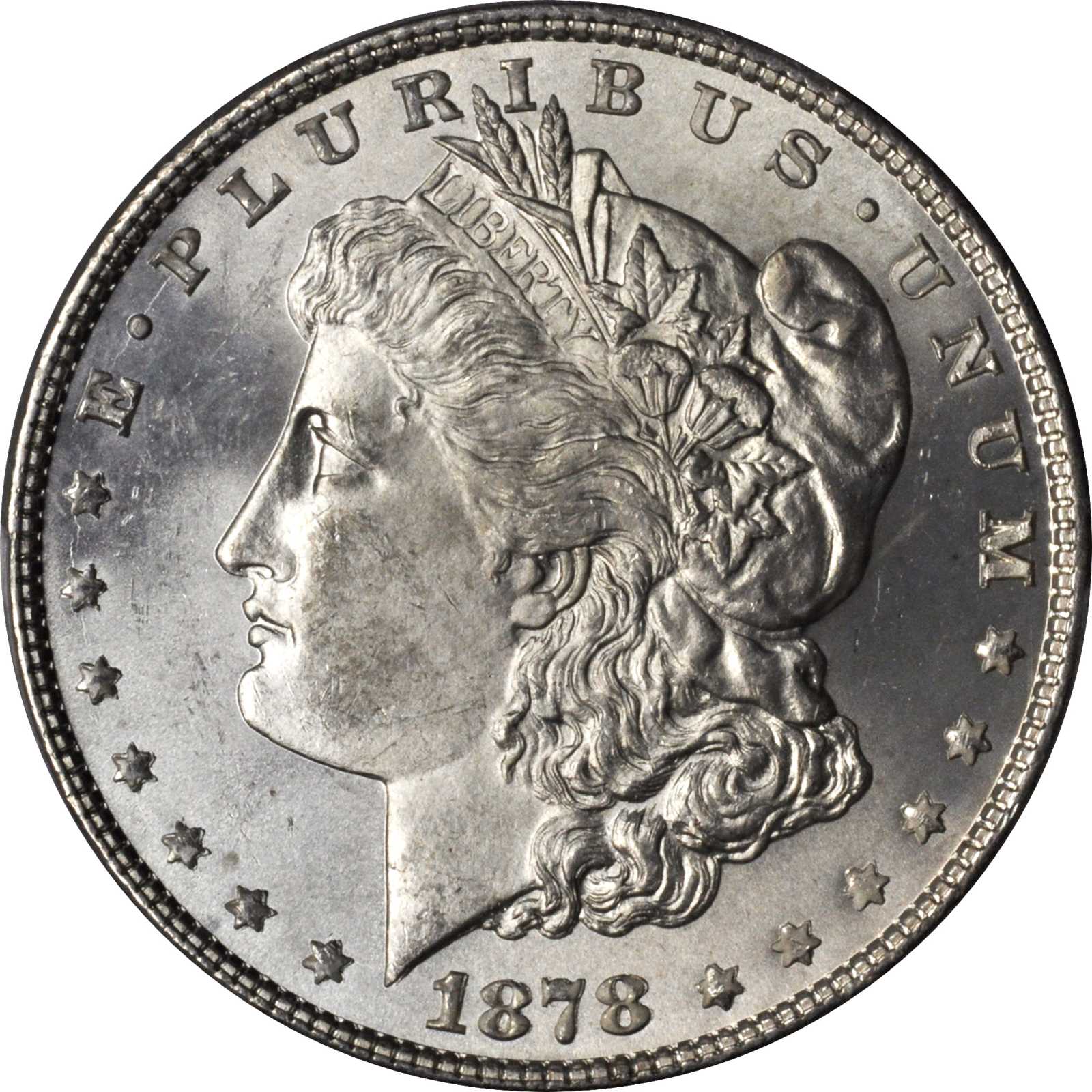 image for: 1878 Morgan Silver Dollar. 8 Tailfeathers. VAM-18. Repunched Date, Doubled Date. MS-62 (PCGS).