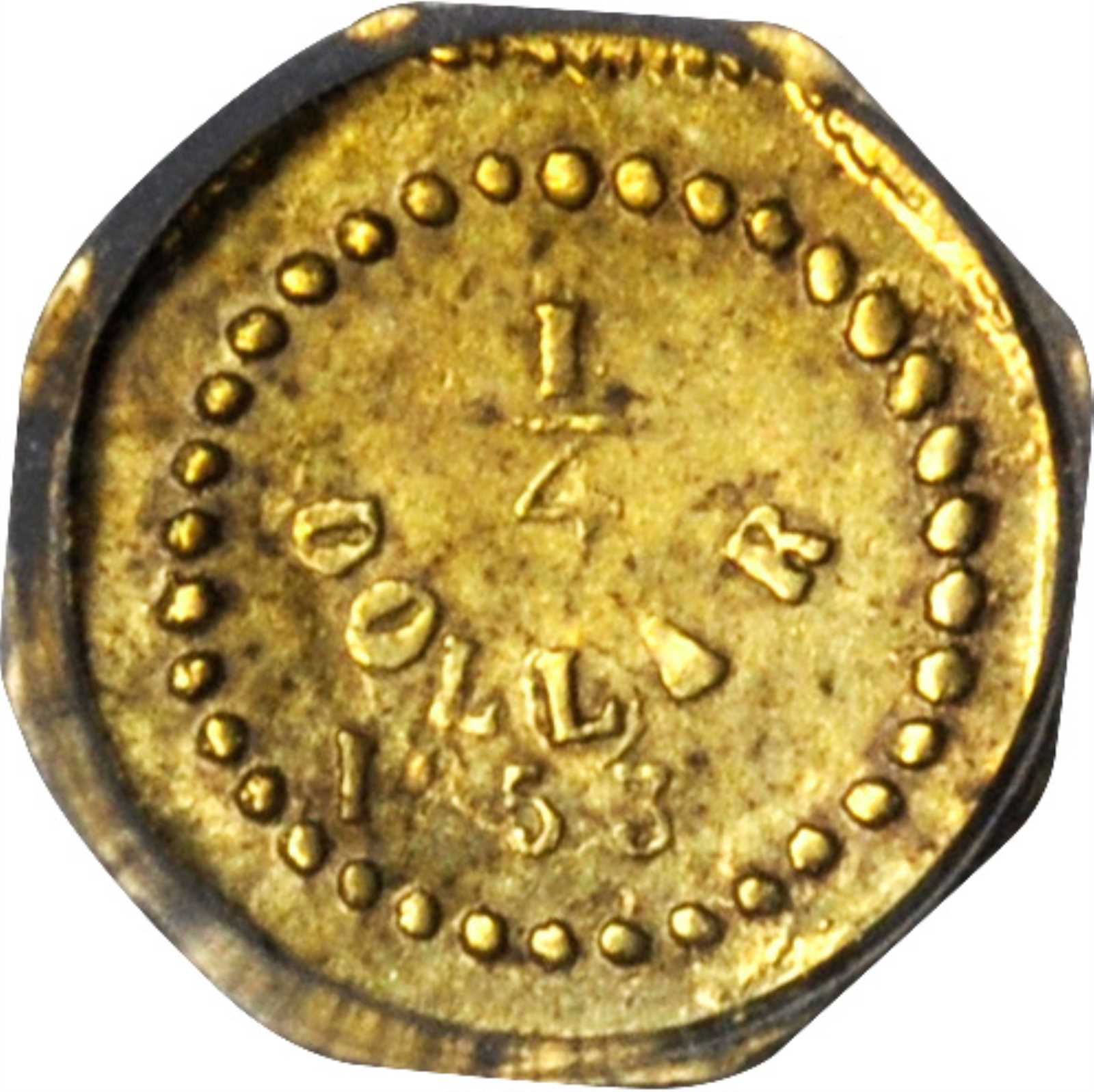 image for: 1853 Octagonal 25 Cents. BG-102. Rarity-4-. Liberty Head. AU-58 (PCGS).