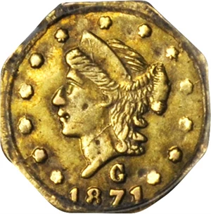 image for: 1871-G Octagonal 25 Cents. BG-765. Rarity-3. Liberty Head. AU-55 (PCGS).