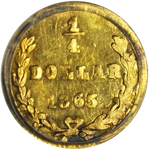 image for: 1865 Round 25 Cents. BG-822. Rarity-4. Liberty Head. AU-58 (PCGS).