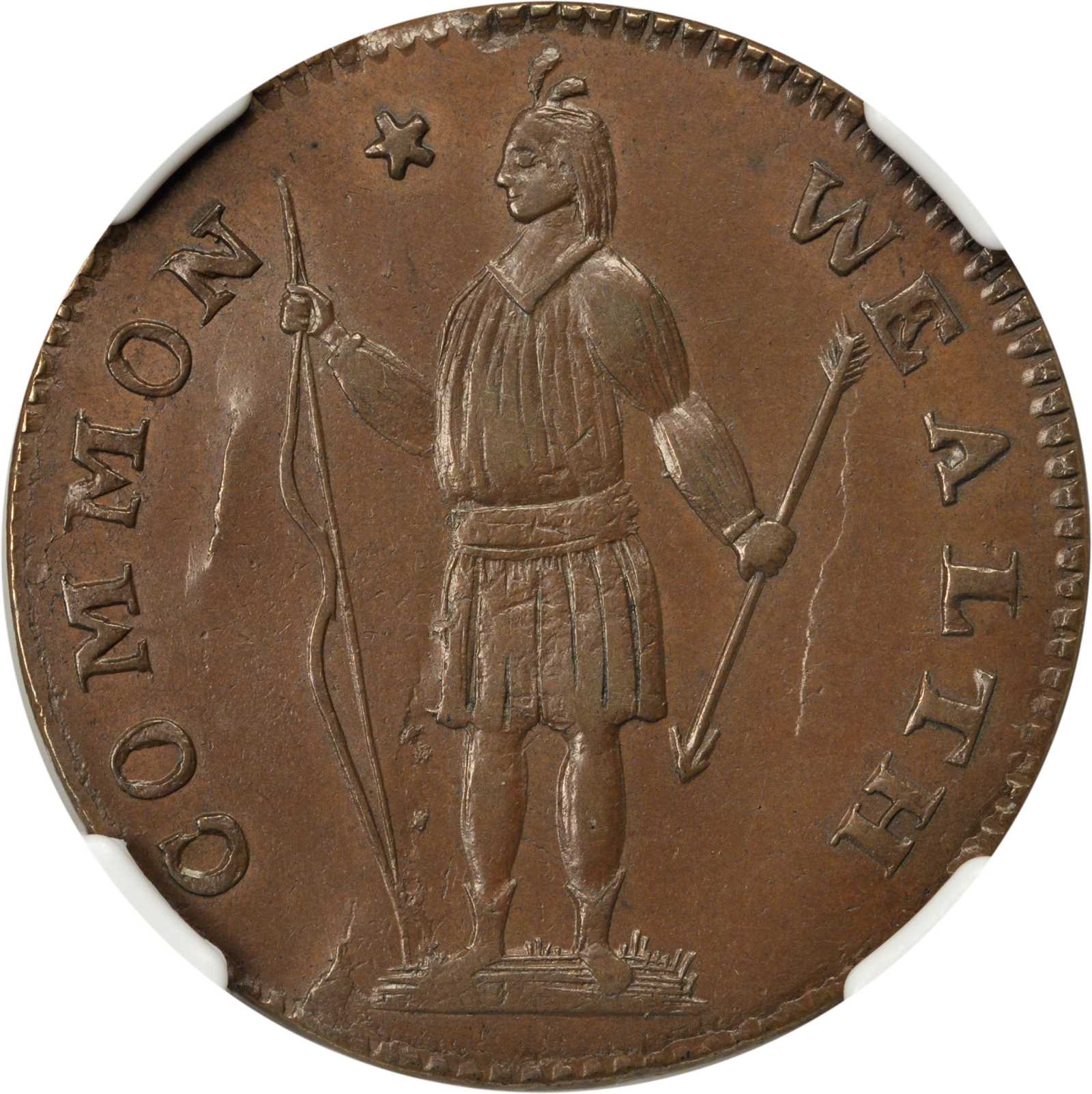 1787 Massachusetts Cent. Ryder 7-H, W-6150. Rarity-7-. Stout Indian. MS-63BN (NGC) (CAC).