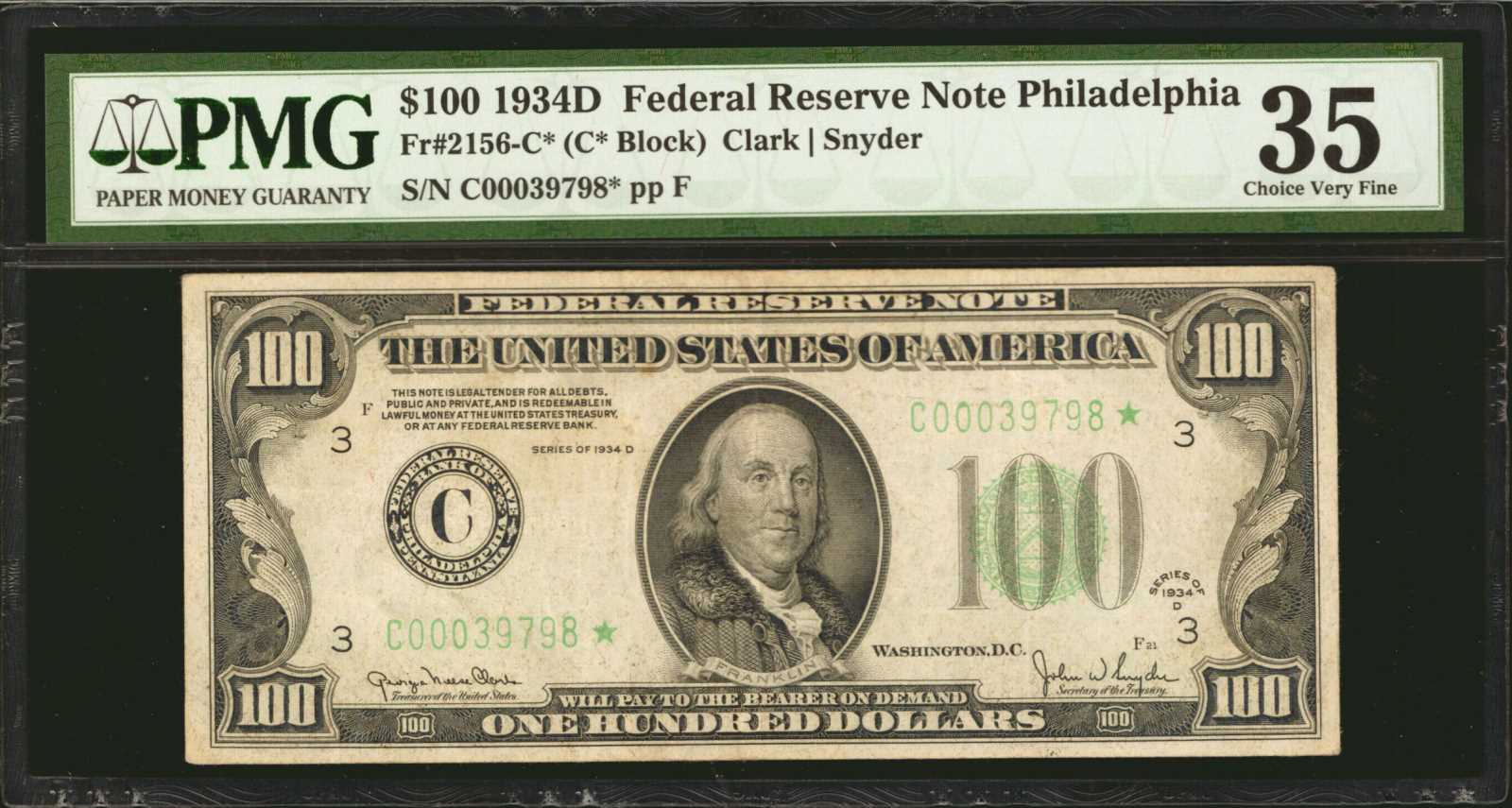 1934D $100 Replacement, Philadelphia (Fr. 2156C*)