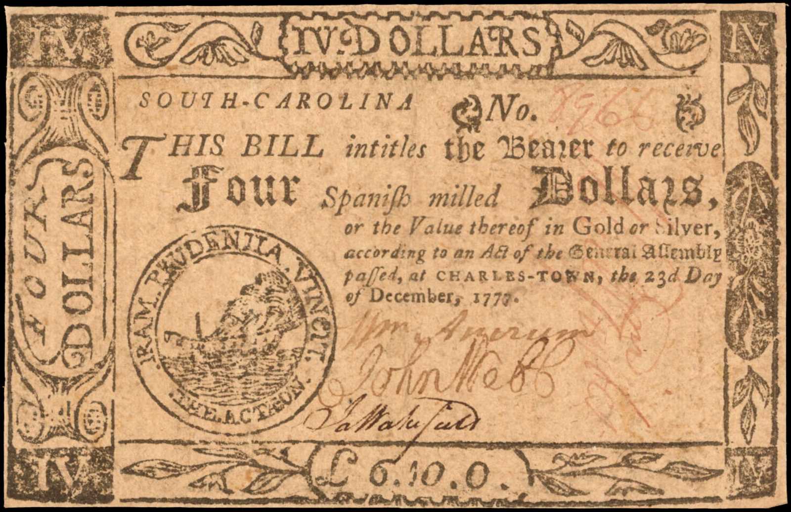 image for: SC-138b. South Carolina. December 23, 1776. $4. Very Fine.
