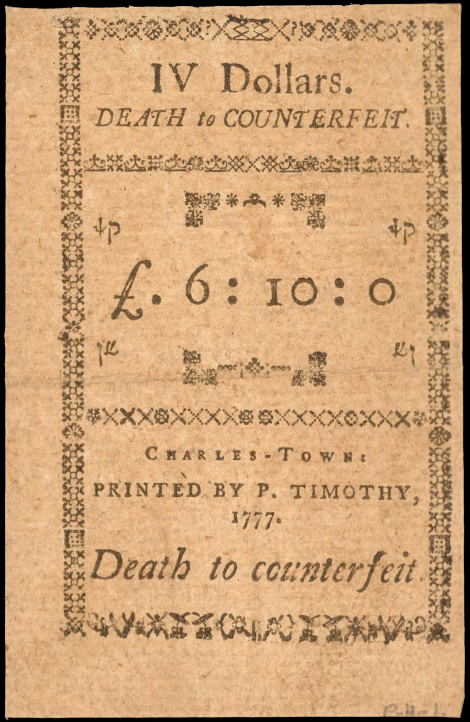 image for: SC-138b. South Carolina. December 23, 1776. $4. Very Fine.