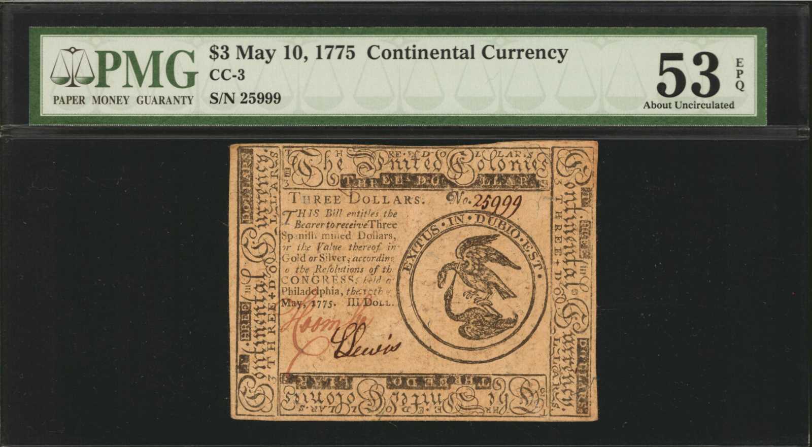 image for: CC-3. Continental Currency. May 10, 1775. $3. PMG About Uncirculated 53 EPQ.