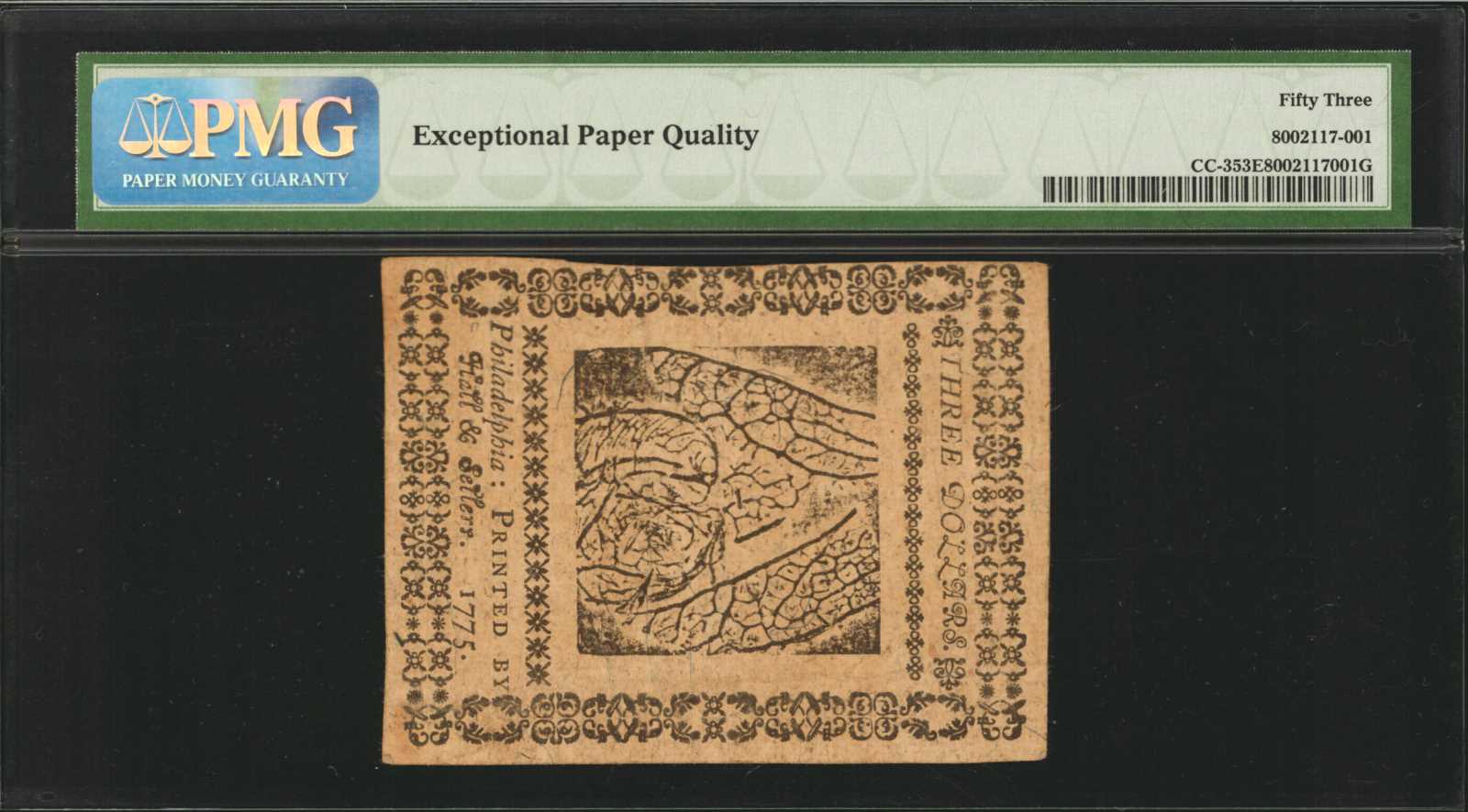 image for: CC-3. Continental Currency. May 10, 1775. $3. PMG About Uncirculated 53 EPQ.