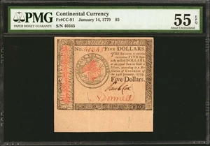 image for: CC-91. Continental Currency. January 14, 1779. $5. PMG About Uncirculated 55 EPQ.
