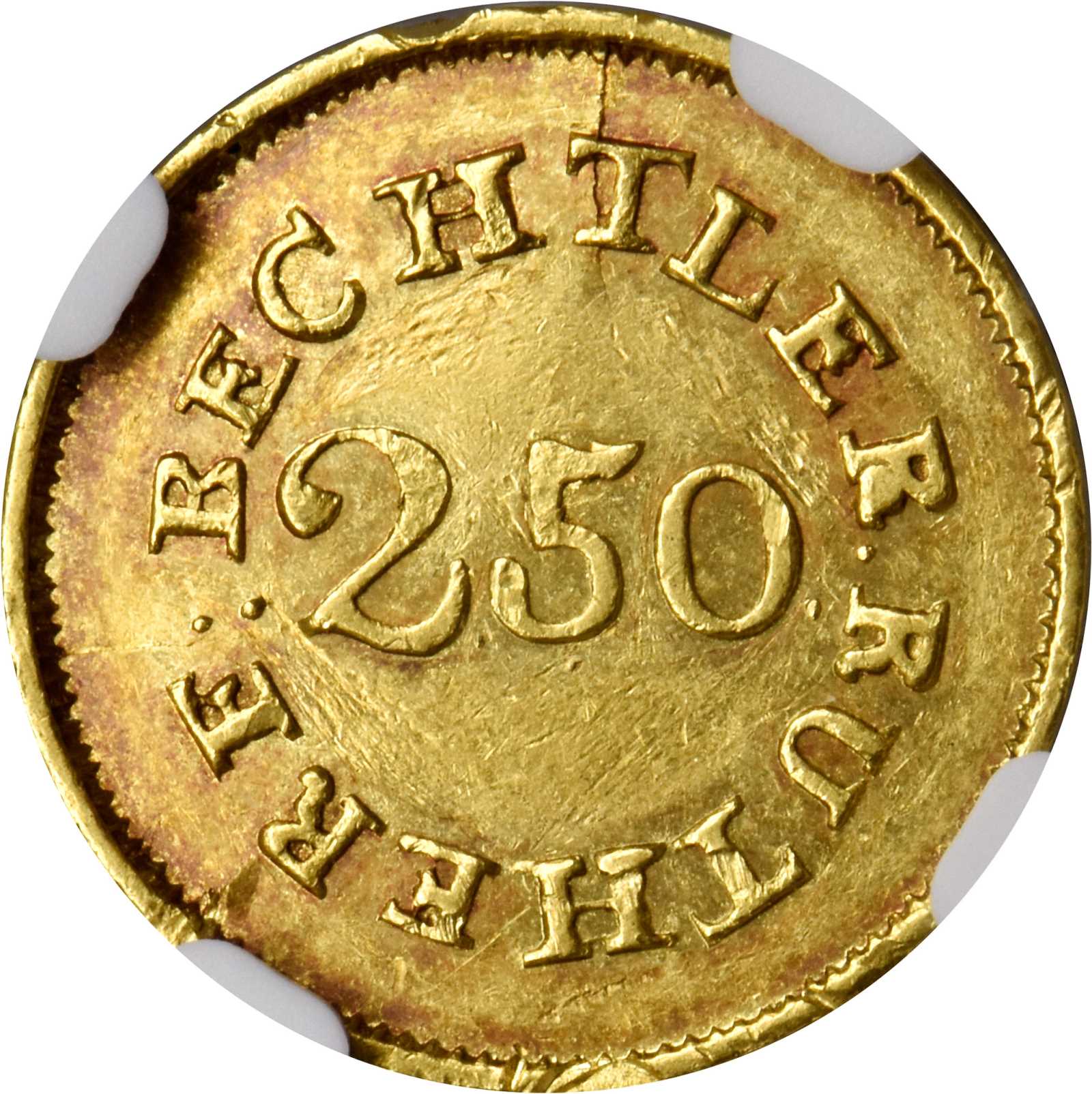 image for: Undated (1837-1842) Christopher Bechtler $2.50. K-11. Rarity-6. 64.G., 22 CARATS, Uneven 22. MS-61 (NGC).