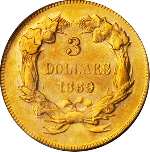 image for: 1869 Three-Dollar Gold Piece. AU-53 (PCGS).