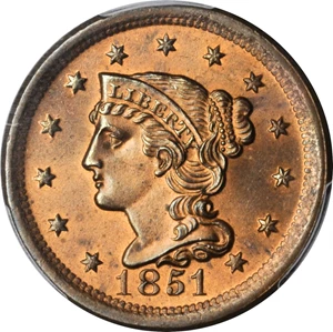 image for: 1851 Braided Hair Cent. N-15. Rarity-4. MS-65+ RB (PCGS). CAC.
