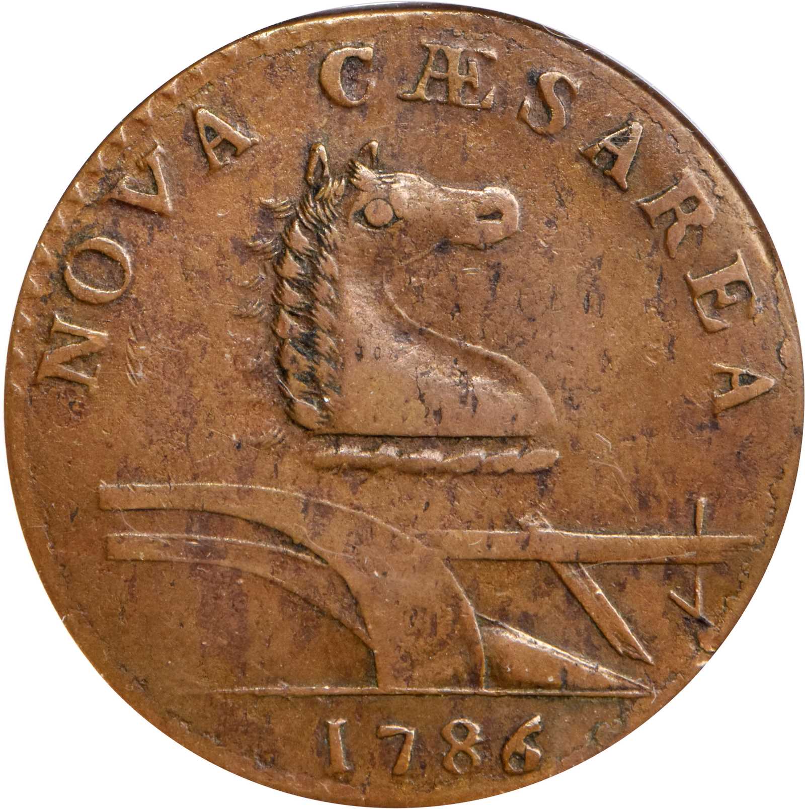 image for: 1786 New Jersey Copper. Maris 14-J, W-4810. Rarity-1. Stegosaurus Head. EF-45 (PCGS).
