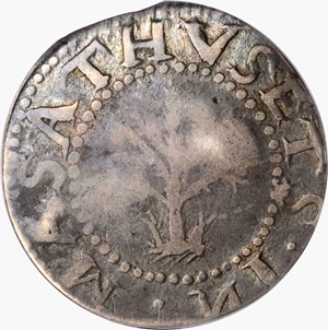 image for: 1652 Oak Tree Shilling. Noe-14, Salmon 11a-Gi, W-530. Rarity-4. Spiny Tree. VF-25 (PCGS).