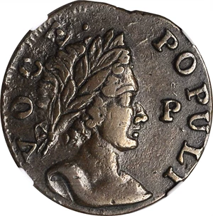 image for: 1760 Voce Populi Halfpenny. Nelson-12, W-13950. Rarity-3. P in Front of Face. VF-35 BN (NGC).