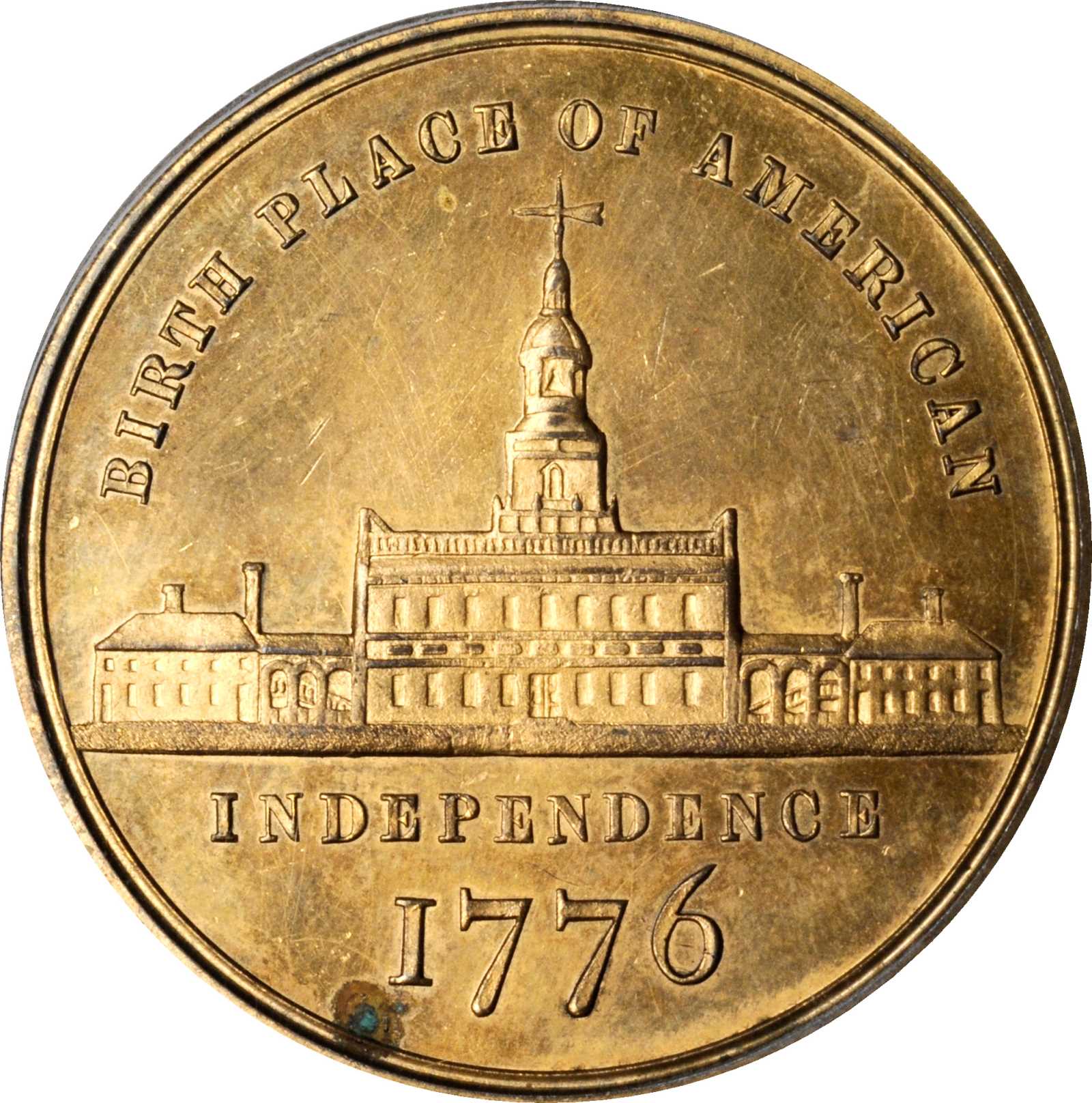 image for: 1876 Soley's Centennial Series - Independence Hall Medal. Gilt Copper. 38 mm. Musante GW-916, Baker-394A, HK-44. MS-62 (PCGS).