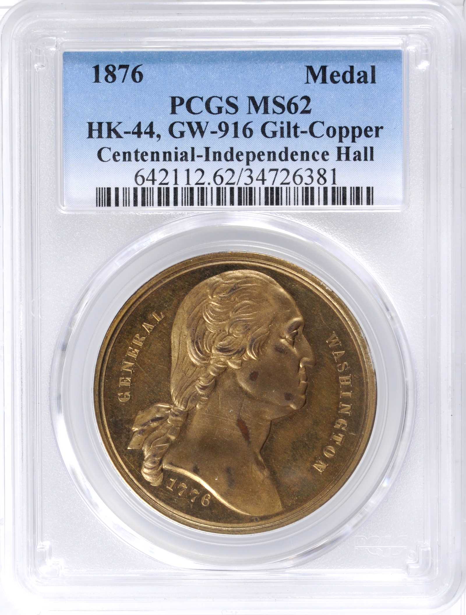 image for: 1876 Soley's Centennial Series - Independence Hall Medal. Gilt Copper. 38 mm. Musante GW-916, Baker-394A, HK-44. MS-62 (PCGS).