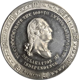 image for: 1776 (ca. 1876) Washington - Declaration Medal. Second Declaration Die. White Metal. 42 mm. Musante GW-829, Baker-389C, HK-79. MS-63 (PCGS).