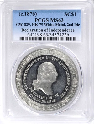 image for: 1776 (ca. 1876) Washington - Declaration Medal. Second Declaration Die. White Metal. 42 mm. Musante GW-829, Baker-389C, HK-79. MS-63 (PCGS).