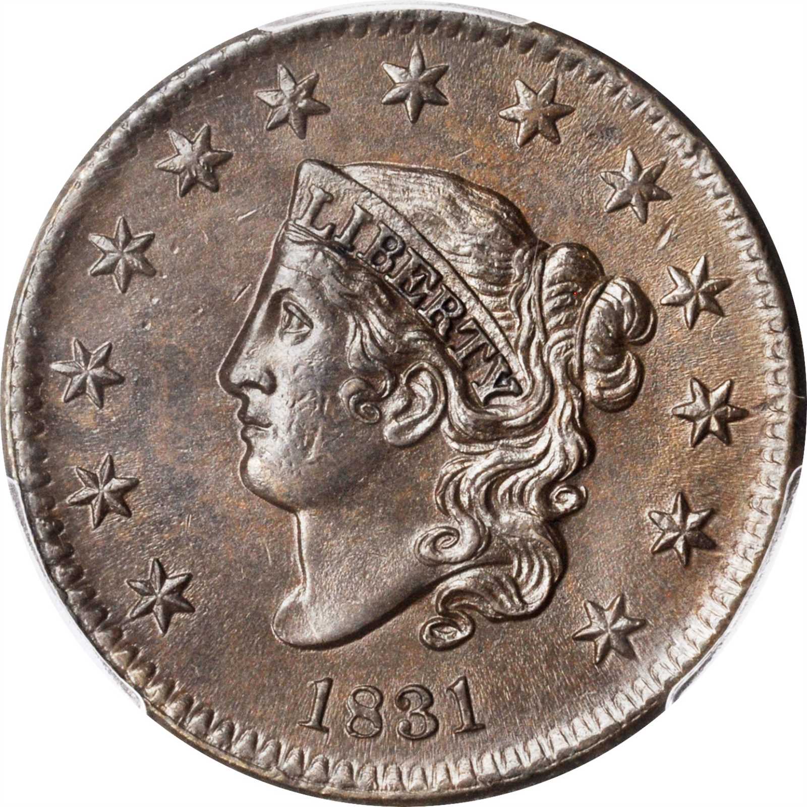 image for: 1831 Matron Head Cent. N-7. Rarity-1. Large Letters. MS-62 BN (PCGS). CAC.