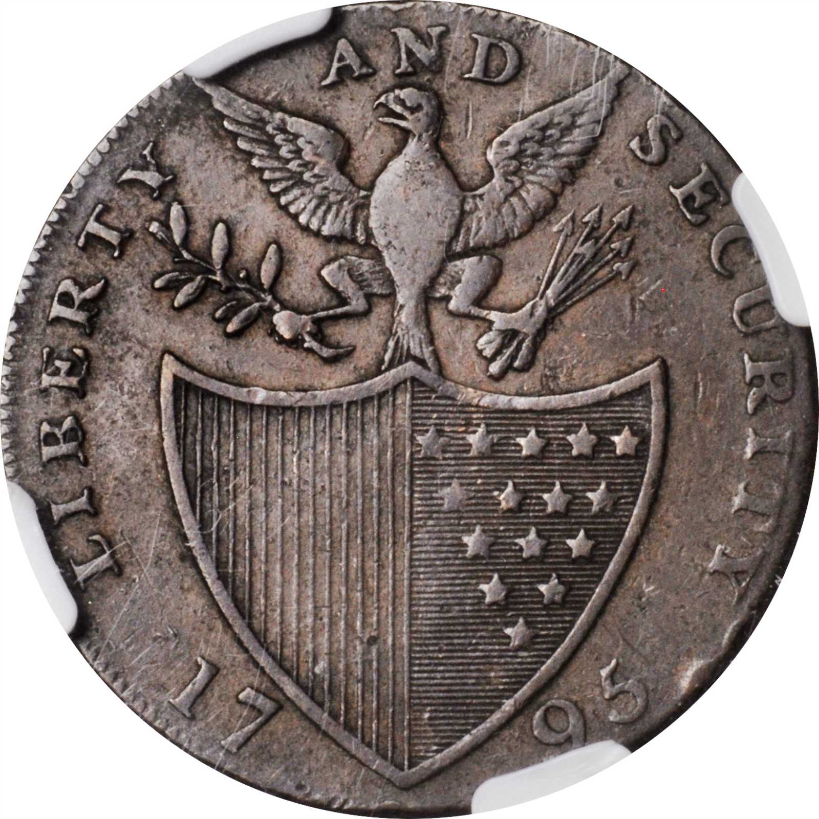 image for: 1795 Liberty and Security Halfpenny. Musante GW-48, Baker-31B, W-11010. BIRMINGHAM Edge. VF-30 BN (NGC).
