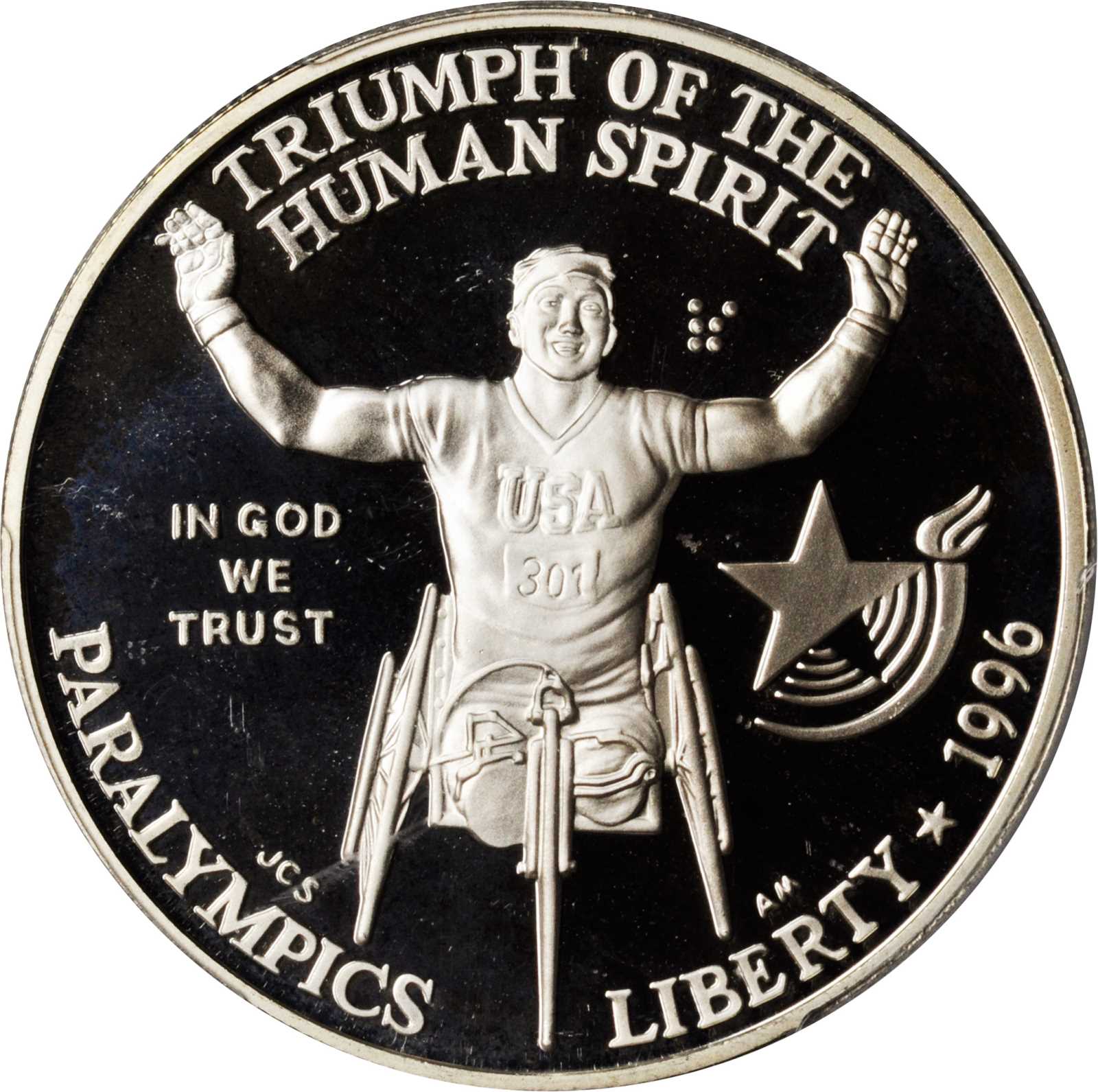 image for: 1996-P XXVI Olympiad/Paralympics Silver Dollar, Proof-68 Deep Cameo (PCGS), with cancelled obverse die, serial number 6640119.