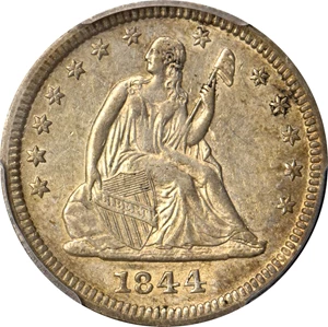 image for: 1844 Liberty Seated Quarter. Briggs 2-B. Repunched Date. EF-45 (PCGS).