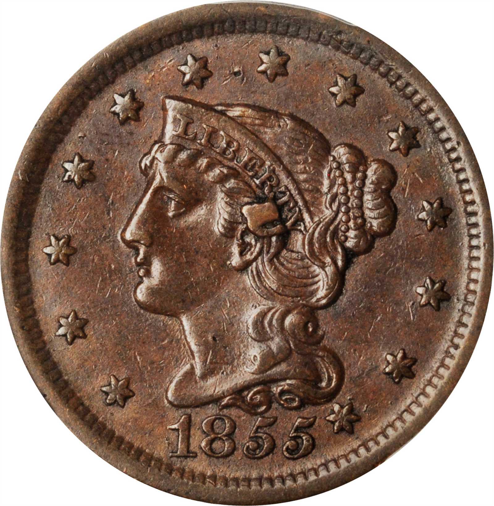 image for: 1855 Braided Hair Cent. N-9. Rarity-1. Slanting 5s, Knob on Ear. AU-53 (PCGS).
