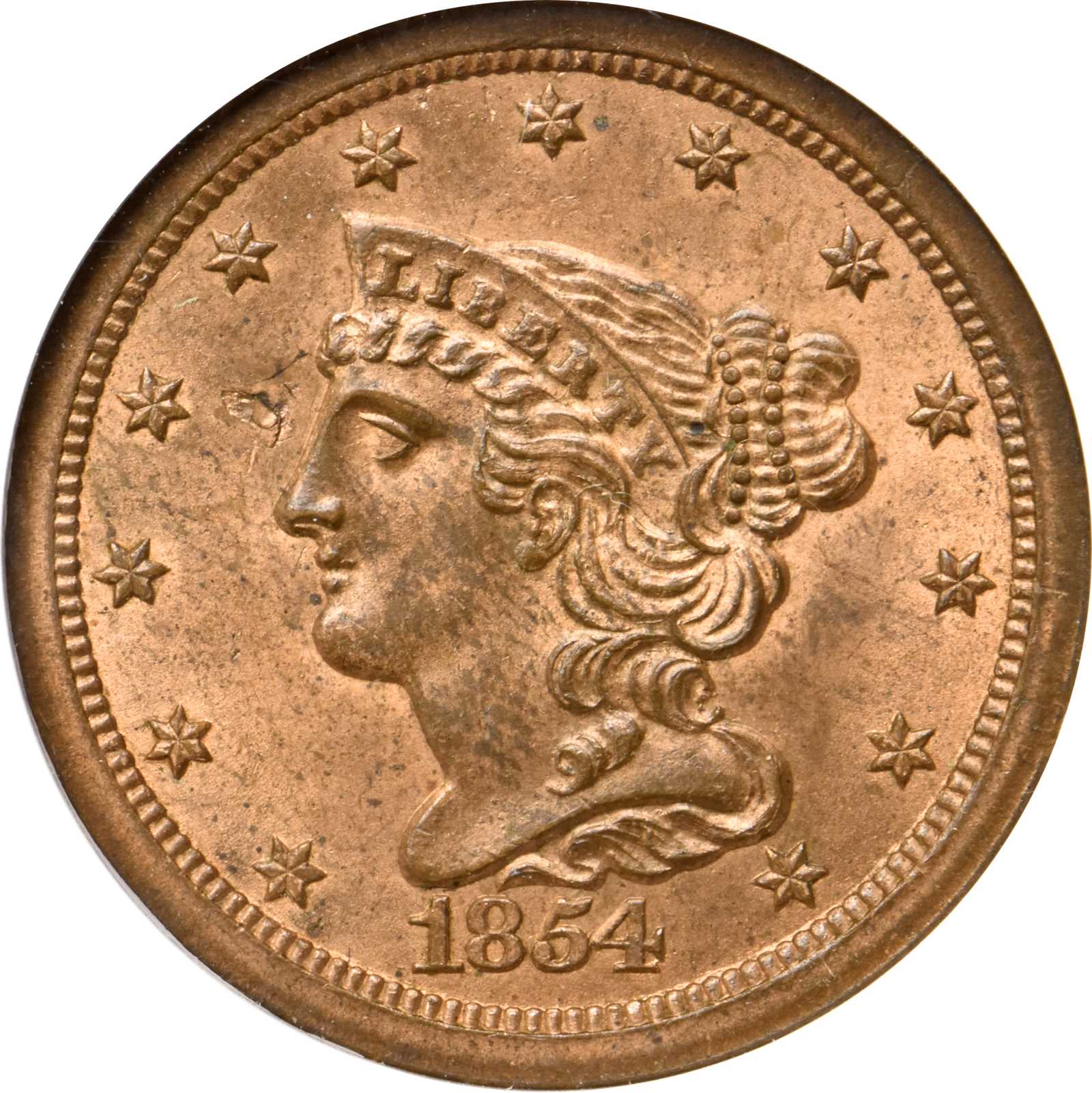 image for: 1854 Braided Hair Half Cent. MS-63 RB (NGC). OH.