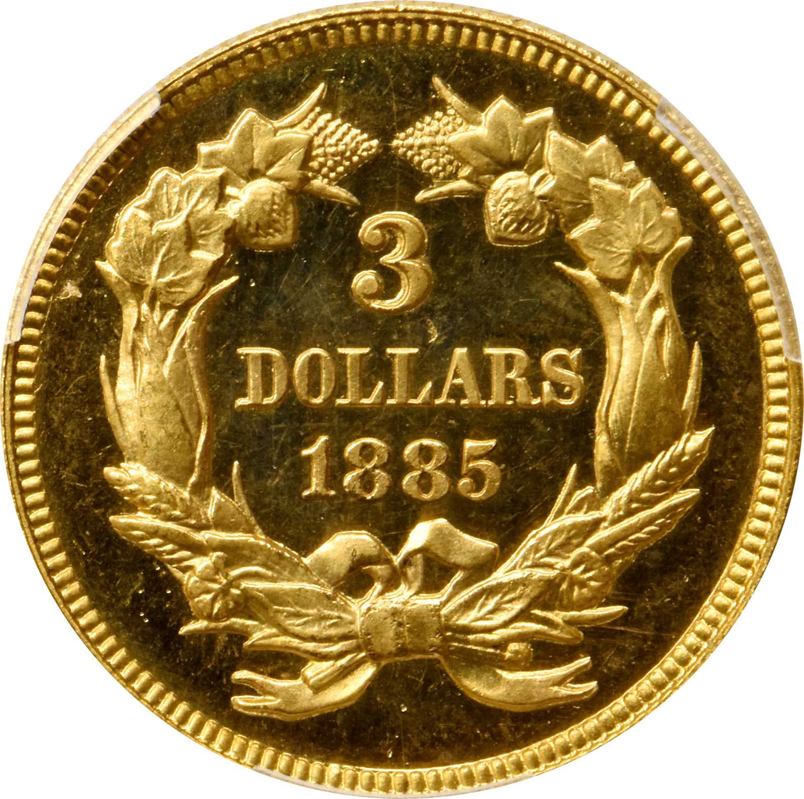 image for: 1885 Three-Dollar Gold Piece. JD-1, the only known dies. Rarity-4+. Proof-64 Cameo (PCGS). CAC.