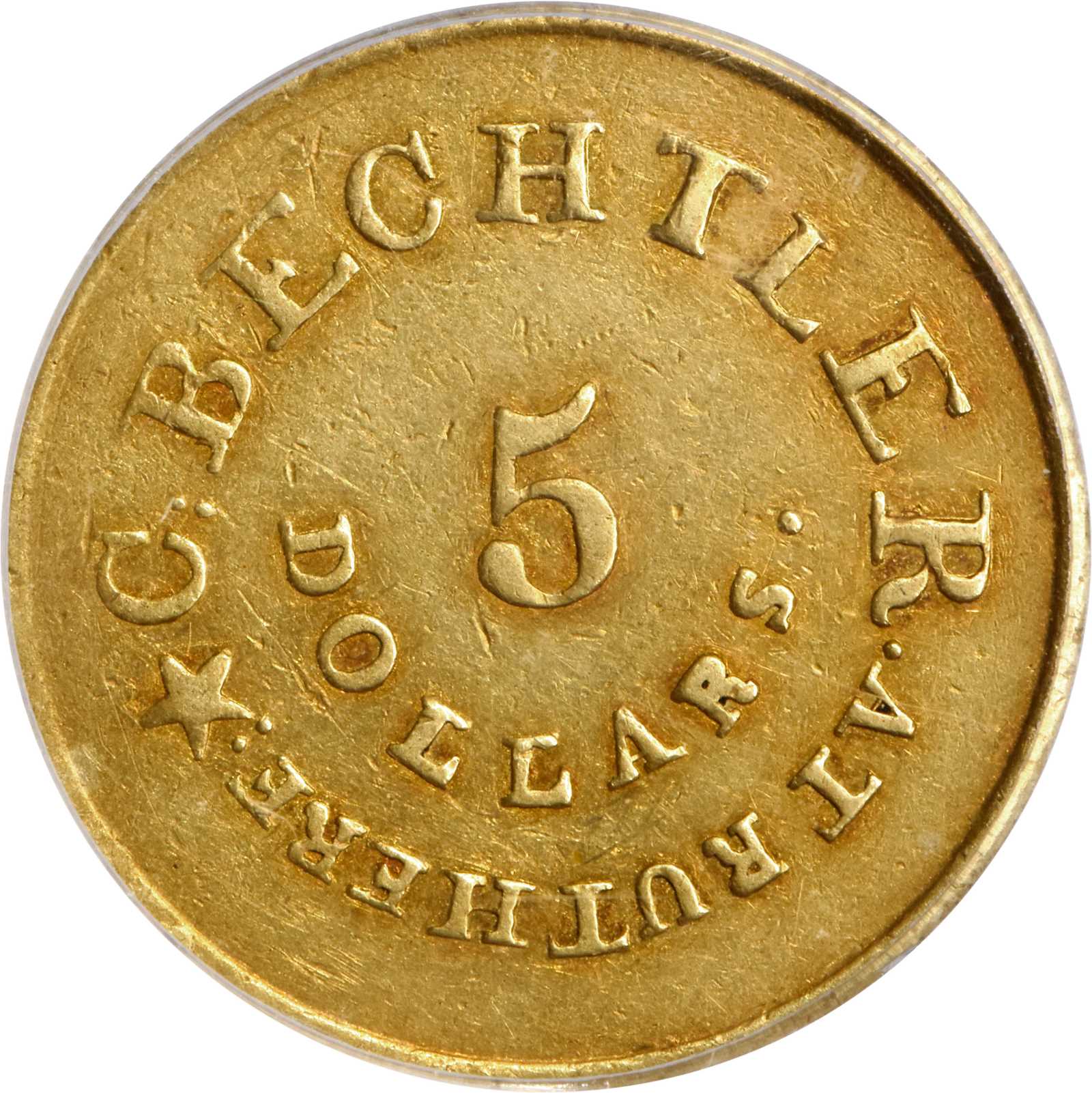 image for: Undated (1837-1842) Christopher Bechtler $5. K-23. Rarity-6+. RUTHERF, 128.G., 22 CARATS. AU-50 (PCGS).