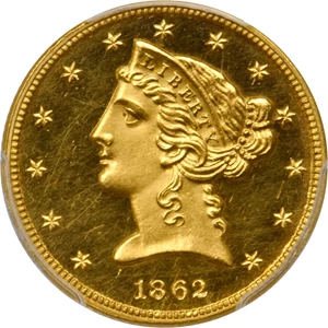 image for: 1862 Liberty Head Half Eagle. JD-1, the only known dies. Rarity-6+. Proof-63+ Deep Cameo (PCGS). CAC.