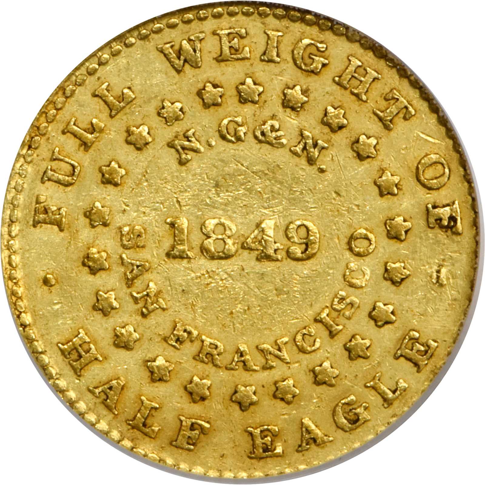 image for: 1849 Norris, Gregg & Norris $5. K-3. Rarity-6. Reeded Edge. AU-50 (PCGS).