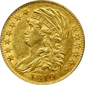 image for: 1810 Capped Bust Left Half Eagle. BD-1. Rarity-3+. Small Date, Tall 5. AU-50 (PCGS). OGH.