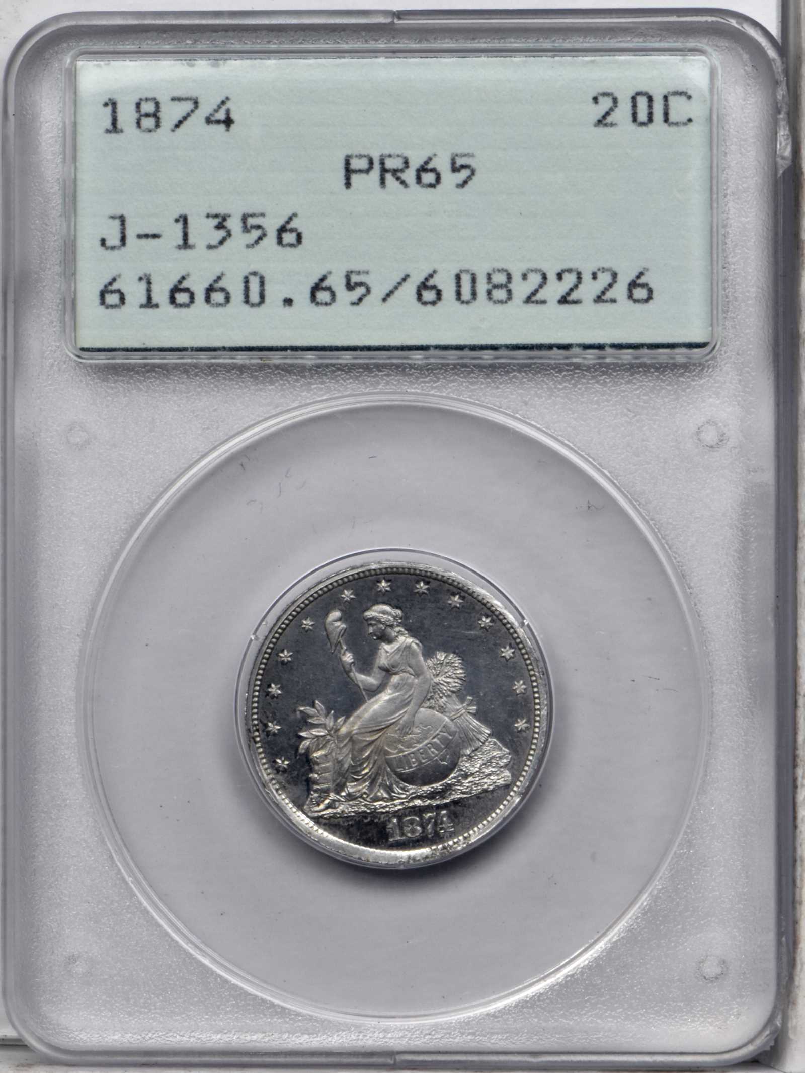 image for: 1874 Pattern Twenty Cents. Judd-1356, Pollock-1500. Rarity-7+. Aluminum. Plain Edge. Proof-65 (PCGS). OGH--First Generation.