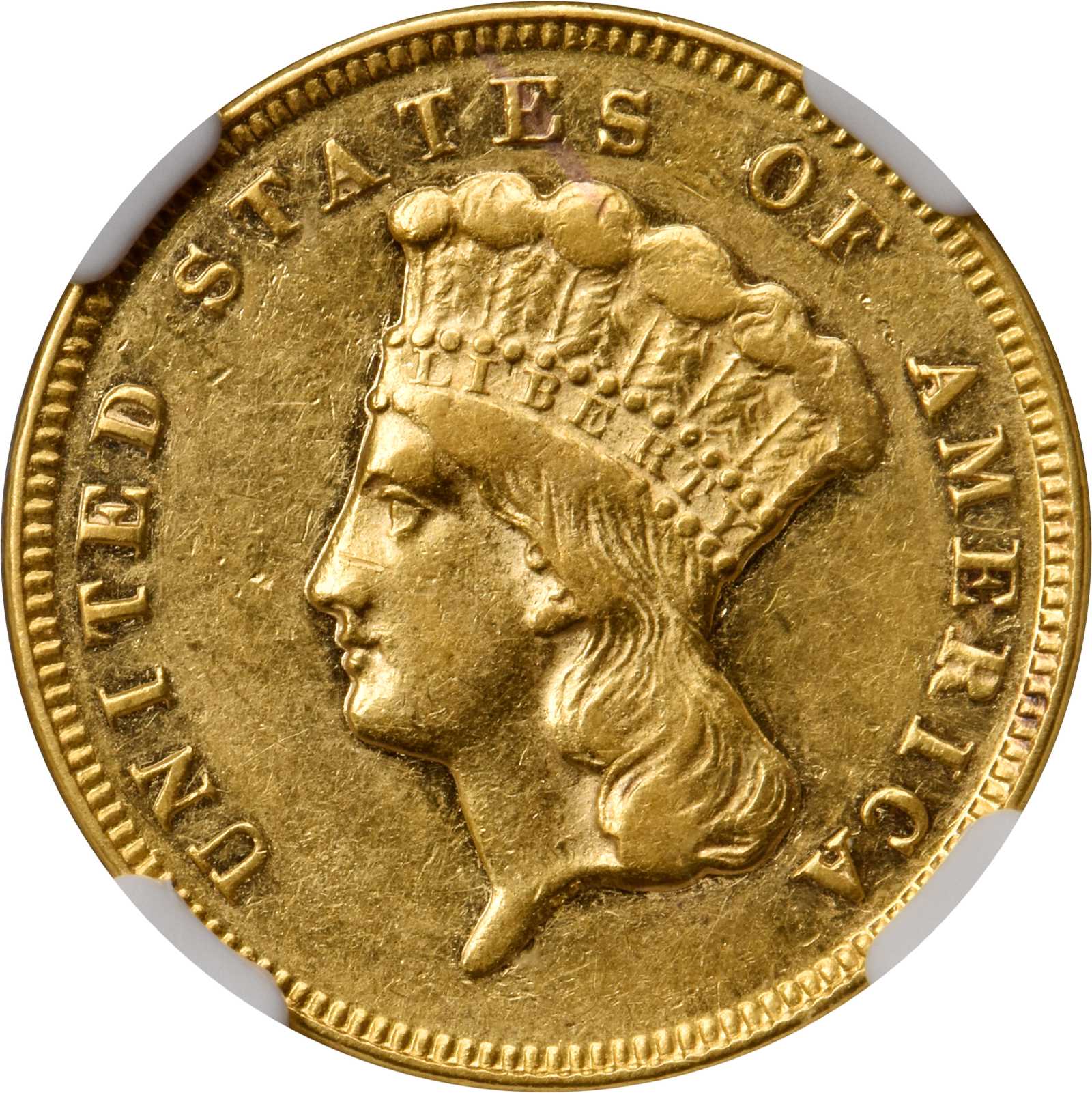 image for: 1873 Three-Dollar Gold Piece. Close 3. AU-53 (NGC).